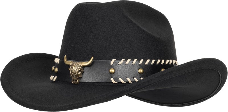 FGSS Western-Cowboy-Hats for Women Men - Classic Wide Brim Felt Fedora Unisex Upturn Bull Head Cowgirl Caps with Buckle Belt - Image 5